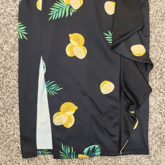 ASOS Dress Womens Size 12 Black Lemons Summer Side Slit Strapless Midi Frills - Picture 6 of 15
